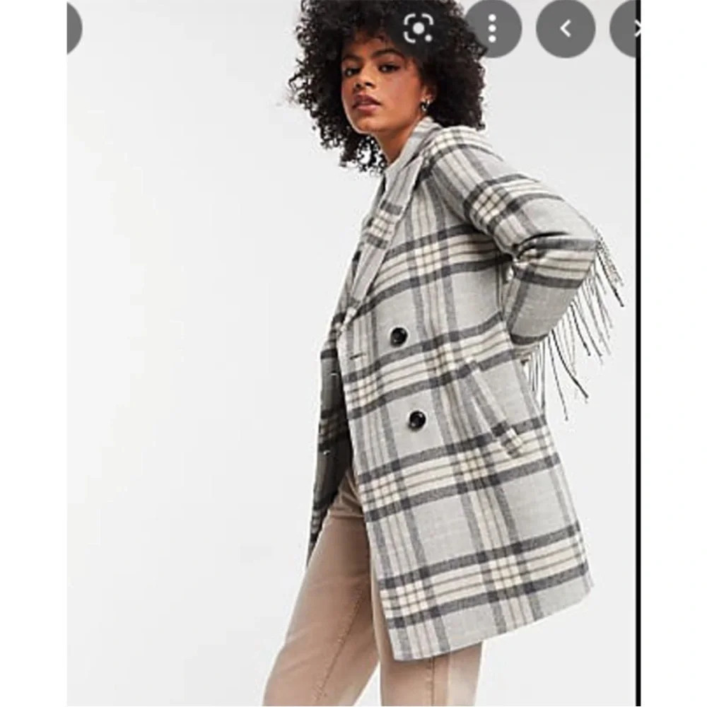 Anthropologie Gianni Feraud Checked Fringe Coat Jacket In Gray Size Us 4